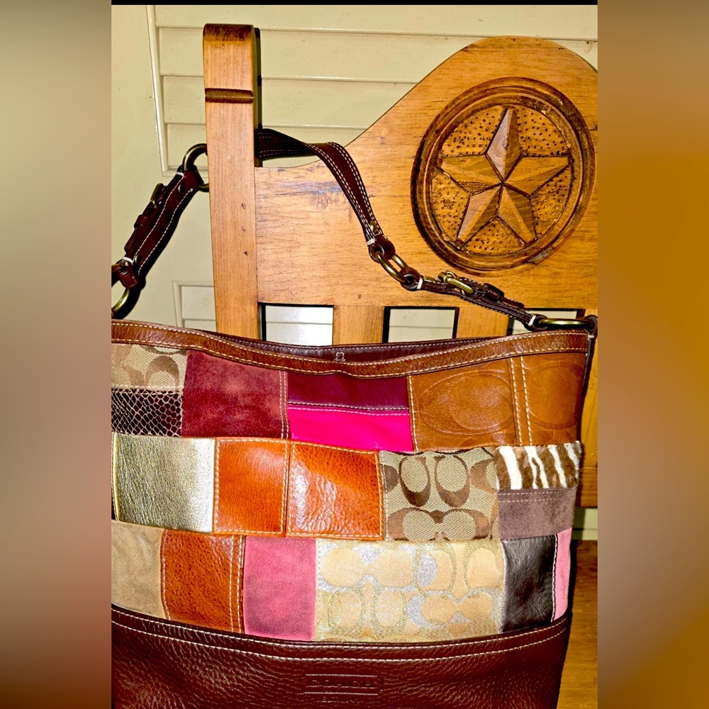Coach Holiday Leather MultiColor Patchwork Shoulder Bag Tote 10434
